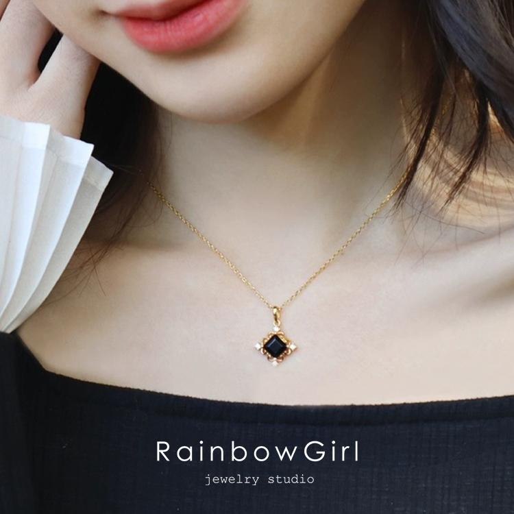 RainbowGirl ネックレス レディース ブラックストーン オニキス 四角
