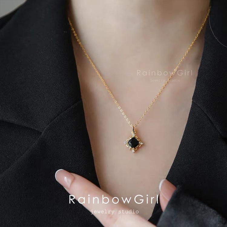 RainbowGirl ネックレス レディース ブラックストーン オニキス 四角