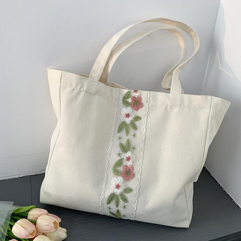 刺繍入り レース トートバッグ 軽量 エコバッグ キャンパス マグネット留め 肩掛けレディースバッグ 内ファスナーポケット付き | ホームアイホーム | 14