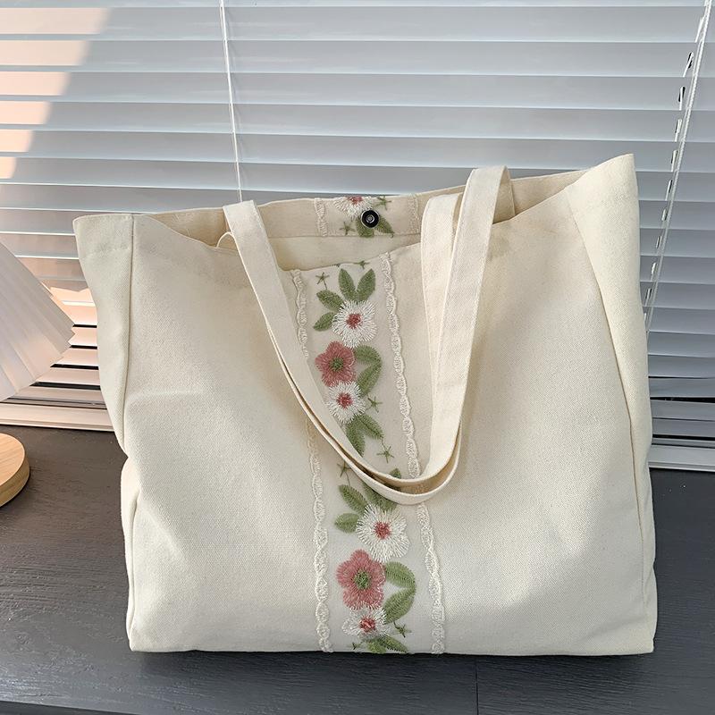 刺繍入り レース トートバッグ 軽量 エコバッグ キャンパス マグネット留め 肩掛けレディースバッグ 内ファスナーポケット付き | ホームアイホーム | 15