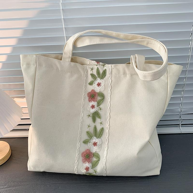 刺繍入り レース トートバッグ 軽量 エコバッグ キャンパス マグネット留め 肩掛けレディースバッグ 内ファスナーポケット付き | ホームアイホーム | 09