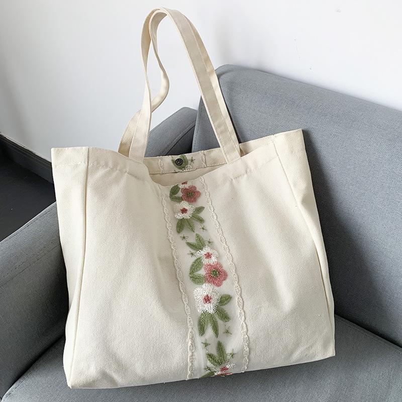 刺繍入り レース トートバッグ 軽量 エコバッグ キャンパス マグネット留め 肩掛けレディースバッグ 内ファスナーポケット付き | ホームアイホーム | 11