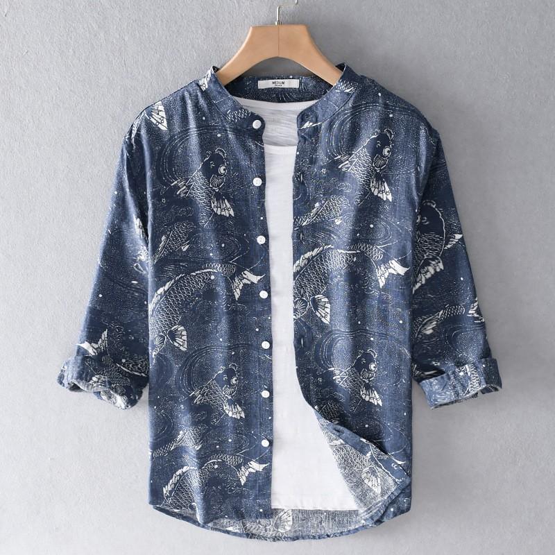 カジュアルシャツ リネンシャツ メンズ 七分袖 リネン 総柄 魚模様 おしゃれ バンドカラー 麻 涼しい 新作 Ccs501 Justmode 通販 Yahoo ショッピング