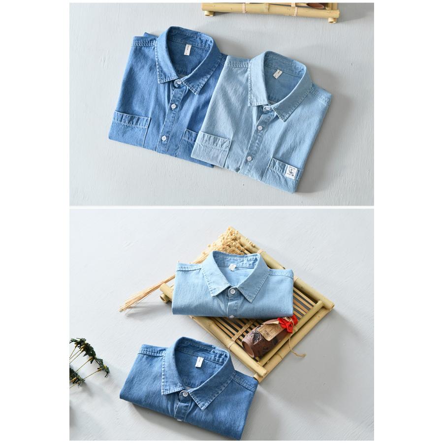 シャツ メンズ メンズシャツ 半袖シャツ ワークシャツ 夏服 半袖 デニムシャツ ポケット付き マーク ユーズド加工 柔らかい 綿100％ カジュアルシャツ トップス | ホームアイホーム | 05