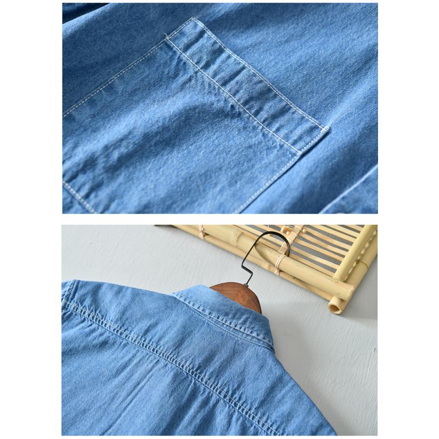 シャツ メンズ メンズシャツ 半袖シャツ ワークシャツ 夏服 半袖 デニムシャツ ポケット付き マーク ユーズド加工 柔らかい 綿100％ カジュアルシャツ トップス | ホームアイホーム | 14