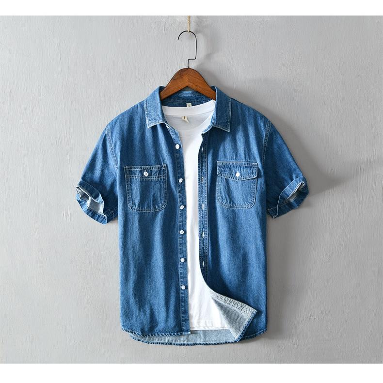 シャツ メンズ メンズシャツ 半袖シャツ ワークシャツ 夏服 半袖 デニムシャツ ポケット付き マーク ユーズド加工 柔らかい 綿100％ カジュアルシャツ トップス | ホームアイホーム | 17