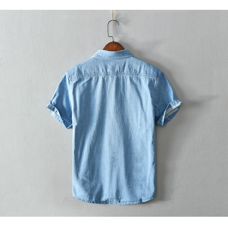シャツ メンズ メンズシャツ 半袖シャツ ワークシャツ 夏服 半袖 デニムシャツ ポケット付き マーク ユーズド加工 柔らかい 綿100％ カジュアルシャツ トップス | ホームアイホーム | 18
