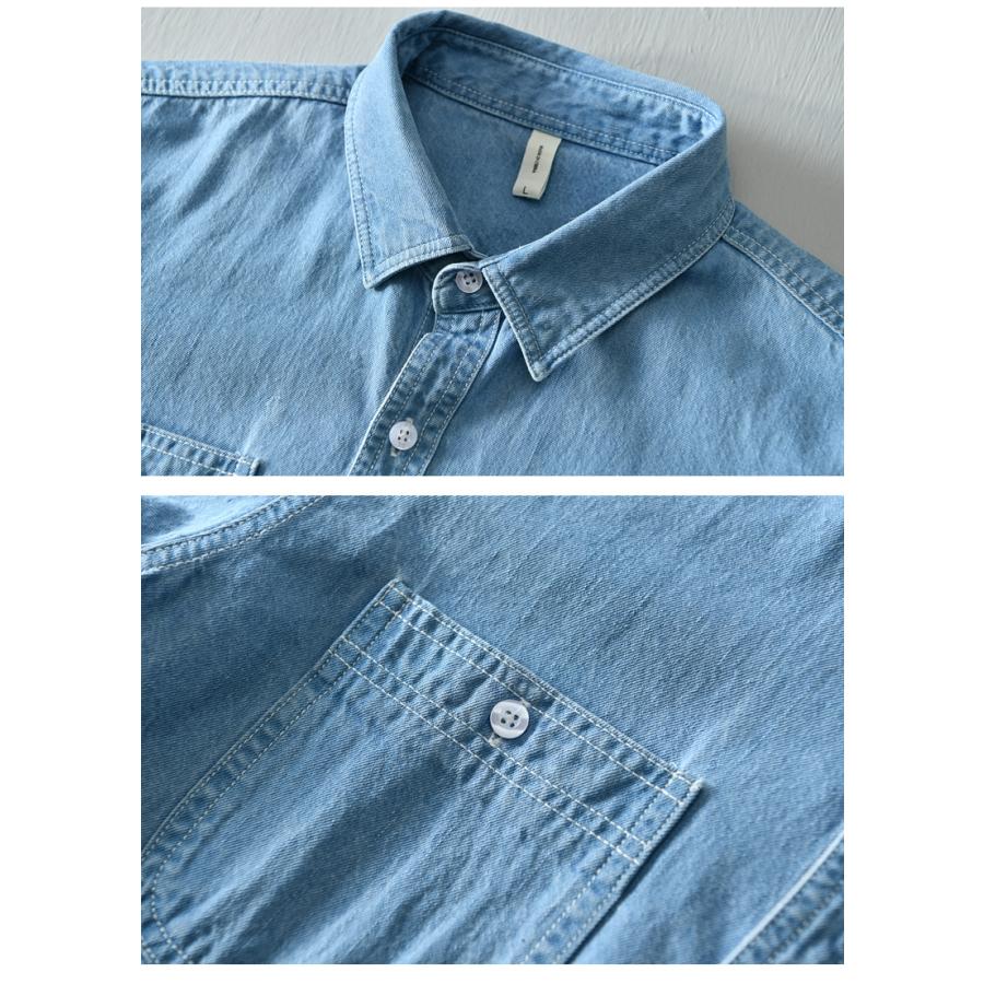 シャツ メンズ メンズシャツ 半袖シャツ ワークシャツ 夏服 半袖 デニムシャツ ポケット付き マーク ユーズド加工 柔らかい 綿100％ カジュアルシャツ トップス | ホームアイホーム | 19