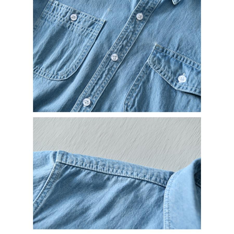 シャツ メンズ メンズシャツ 半袖シャツ ワークシャツ 夏服 半袖 デニムシャツ ポケット付き マーク ユーズド加工 柔らかい 綿100％ カジュアルシャツ トップス | ホームアイホーム | 20