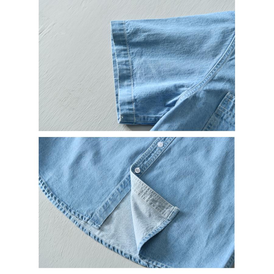 シャツ メンズ メンズシャツ 半袖シャツ ワークシャツ 夏服 半袖 デニムシャツ ポケット付き マーク ユーズド加工 柔らかい 綿100％ カジュアルシャツ トップス | ホームアイホーム | 21