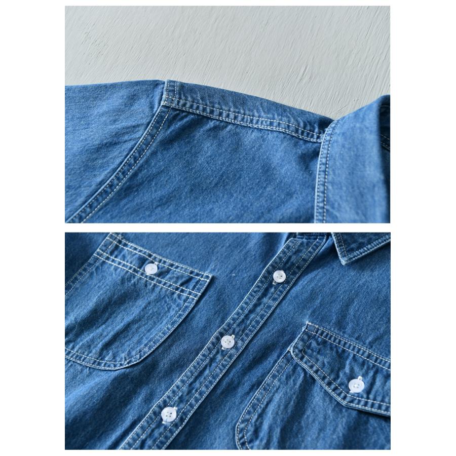 シャツ メンズ メンズシャツ 半袖シャツ ワークシャツ 夏服 半袖 デニムシャツ ポケット付き マーク ユーズド加工 柔らかい 綿100％ カジュアルシャツ トップス | ホームアイホーム | 23