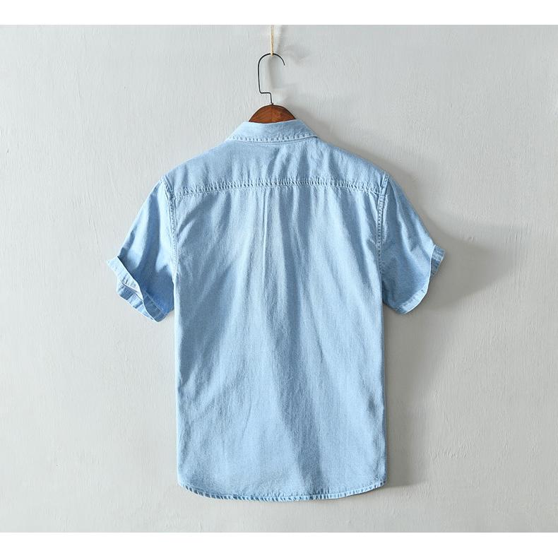シャツ メンズ メンズシャツ 半袖シャツ ワークシャツ 夏服 半袖 デニムシャツ ポケット付き マーク ユーズド加工 柔らかい 綿100％ カジュアルシャツ トップス | ホームアイホーム | 08