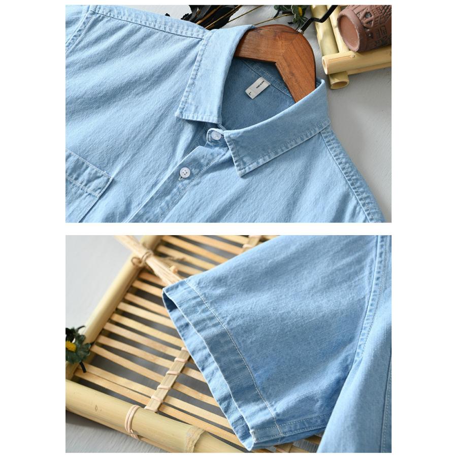 シャツ メンズ メンズシャツ 半袖シャツ ワークシャツ 夏服 半袖 デニムシャツ ポケット付き マーク ユーズド加工 柔らかい 綿100％ カジュアルシャツ トップス | ホームアイホーム | 09
