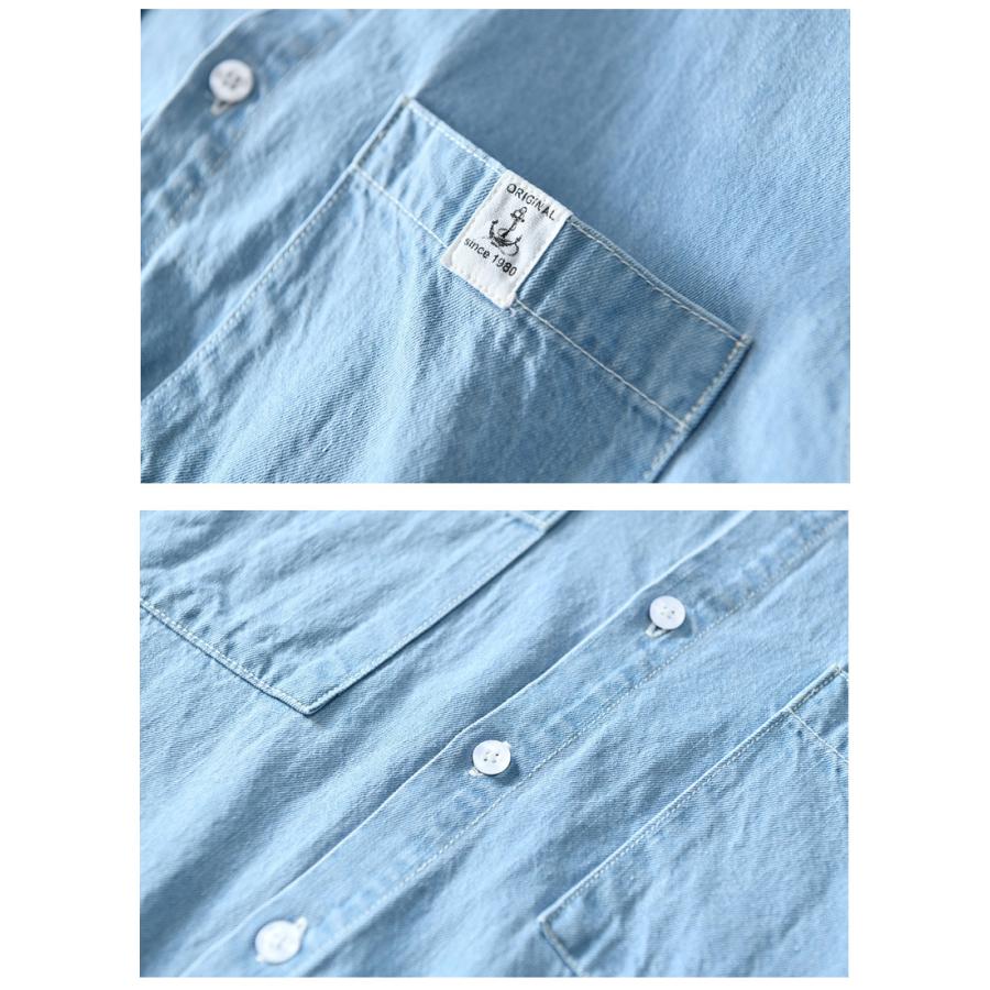 シャツ メンズ メンズシャツ 半袖シャツ ワークシャツ 夏服 半袖 デニムシャツ ポケット付き マーク ユーズド加工 柔らかい 綿100％ カジュアルシャツ トップス | ホームアイホーム | 10