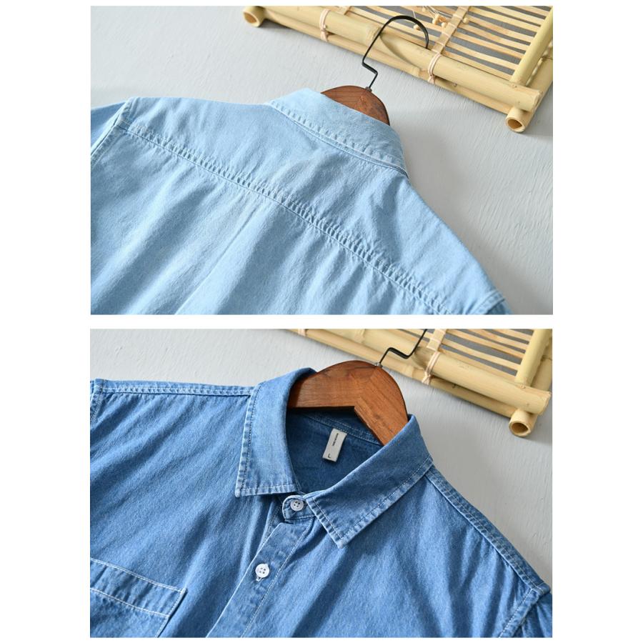 シャツ メンズ メンズシャツ 半袖シャツ ワークシャツ 夏服 半袖 デニムシャツ ポケット付き マーク ユーズド加工 柔らかい 綿100％ カジュアルシャツ トップス | ホームアイホーム | 12