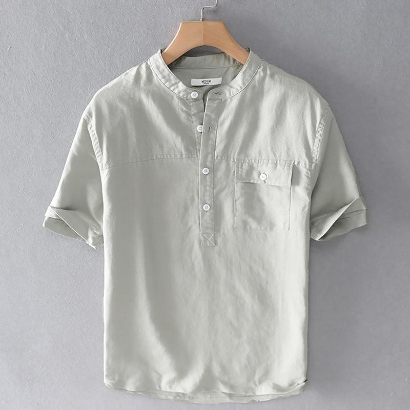 リネンシャツ メンズ 半袖 無地 ヘンリーネック ポケット付き 白シャツ カジュアル 綿麻 バンドカラー プルオーバーシャツ Dcs9323 Justmode 通販 Yahoo ショッピング