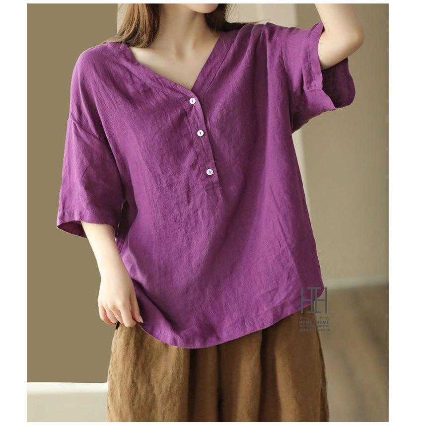 ホームアイホーム リネン風シャツ ブラウス レディース トップス