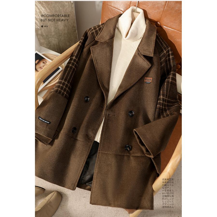 ホームアイホーム カシミアコート レディース ピーコート チェック柄