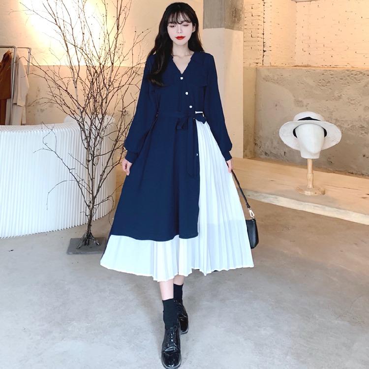 ホームアイホーム ワンピース ベルト付き 脚長効果 ハイウエスト