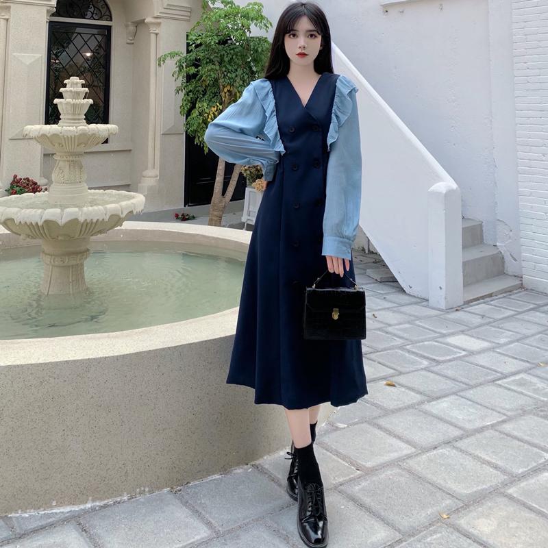 ホームアイホーム ロング ワンピース Aライン フリル 長袖 レディース