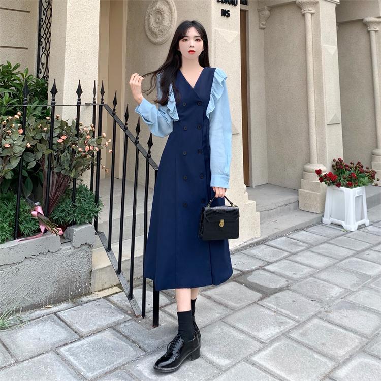 【美品】ファビアナフィリッピ　ワンピース　フリル　Aライン　ボタンダウン　紺色 ホームアイホーム ロング ワンピース Aライン フリル 長袖 レディース