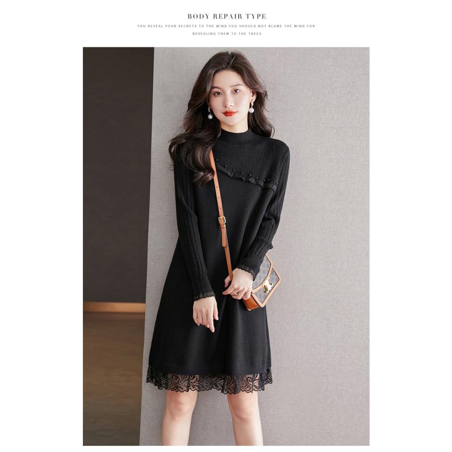 ホームアイホーム レディース レース切り替えのモックネックニット  