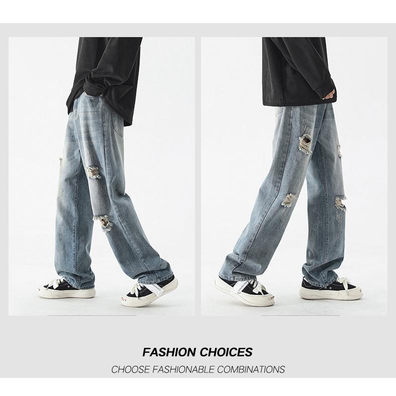 ホームアイホーム ダメージデニムパンツ ストレート ジーンズ メンズ