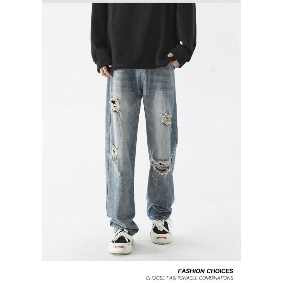 ホームアイホーム ダメージデニムパンツ ストレート ジーンズ メンズ