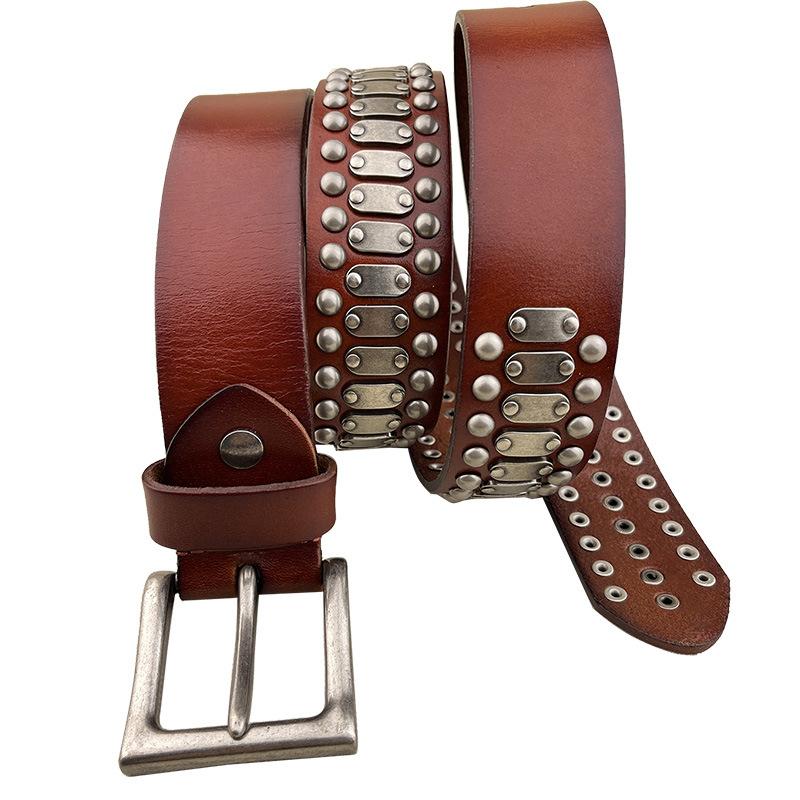本革　スタッズ　ビンテージレザーベルト 栃木レザー ヴィンテージ調スタッズベルト 黒 サイドオンリー