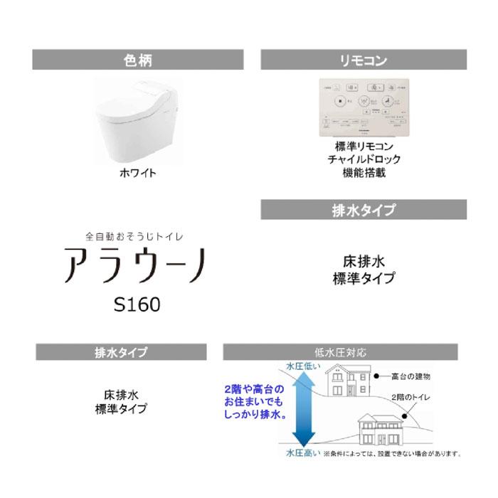 アラウーノS160　ウォシュレット　パナソニック　本体 CH1602WS　配管セット CH160F　タイプ2　全自動お掃除トイレ　タンクレス　床排水　XCH1602WS｜juusetsu-plus｜02