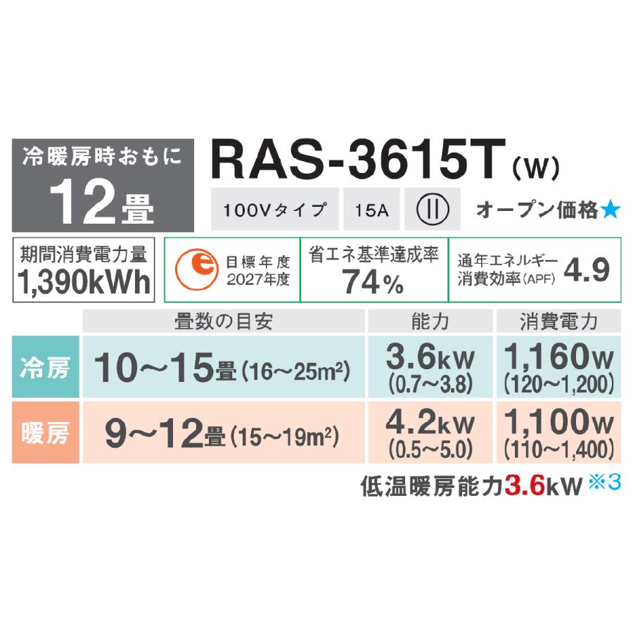 TOSHIBA（東芝） ルームエアコン RAS-3615T-W 12畳 2025年製 Tシリーズ