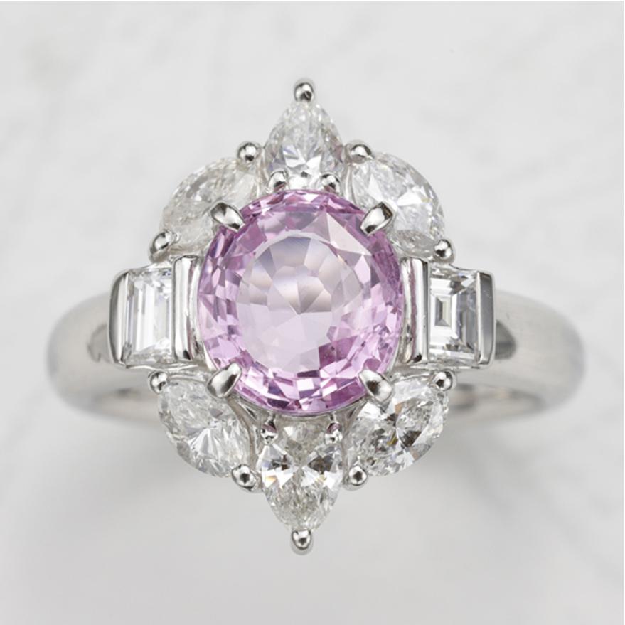 Pt900ピンクサファイヤ2.376ct/ダイヤモンド1.21ctリング 鑑別書付 