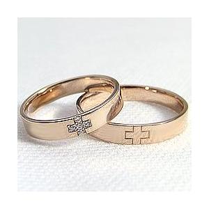 結婚指輪 クロス ダイヤモンド ペアリング ピンクゴールドK10 マリッジリング 指輪 十字架 カップル 安い 注文製作 プレゼント ギフト 受注 爆買の画像