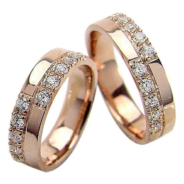 結婚指輪 クロス ダイヤモンド 幅広 5ミリ幅 マリッジリング ピンクゴールドK10 十字架 ペアリング 2本セット