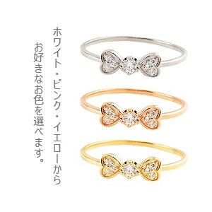指輪 レディース ピンキーリング リング リボン ハート ダイヤモンド 7石 10金 りぼんハート ピンキーリング 1号〜 ゴールド 3色 注文製作 受注 爆買の画像