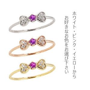 指輪 レディース ピンキーリング アメジスト リング リボン モチーフ ハート 2月誕生石 ダイヤモンド 10金 K10 注文製作 プレゼント ギフト 受注 爆買の画像