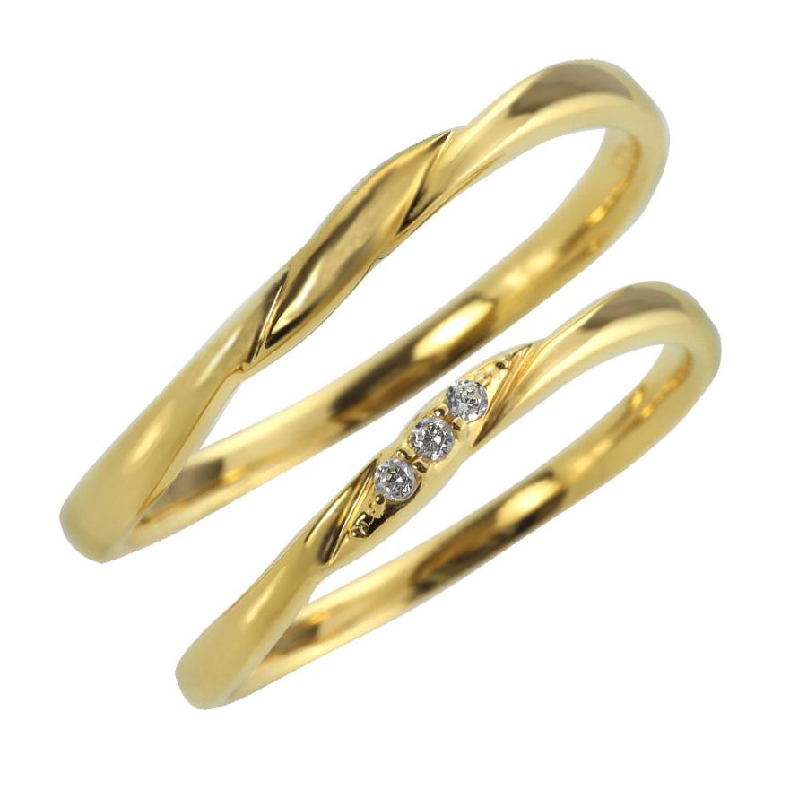 結婚指輪 ゴールド トリロジー ダイヤモンド ペアリング 10金 ツイスト マリッジリング 2本セット ペア 文字入れ 刻印 可能 ギフト プレゼント 受注製作 爆買の画像