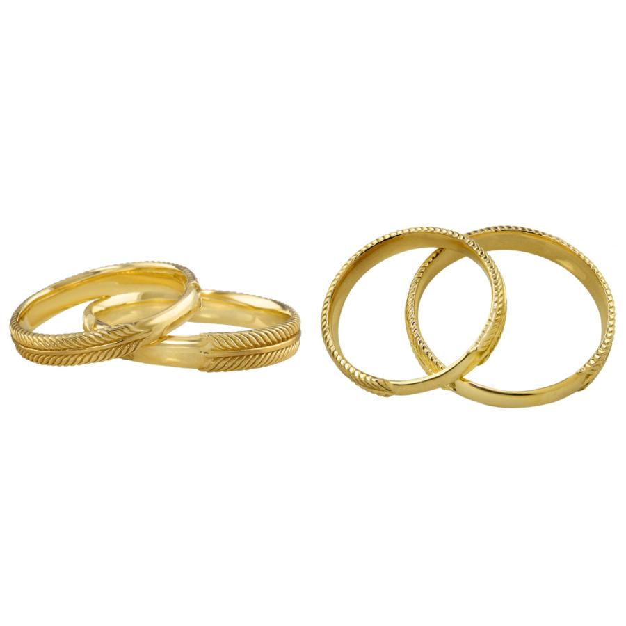 K10 結婚指輪 ゴールド フェザー 羽根 ペアリング 10金 マリッジリング 結婚指輪 刻印 文字入れ 対応 2本セット レディース メンズ ペア 日本製 注文製作の画像