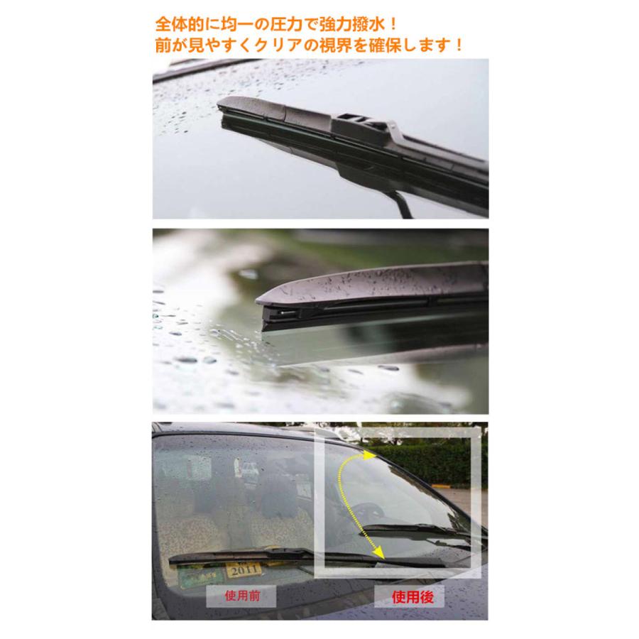 【左右ハンドル汎用型】エアロ ワイパーブレード 2本セット 350mm〜650mm 日本車 汎用 三段骨式 エアロワイパー 強力撥水 Uクリップ 雨よけ フロント｜jwork｜02