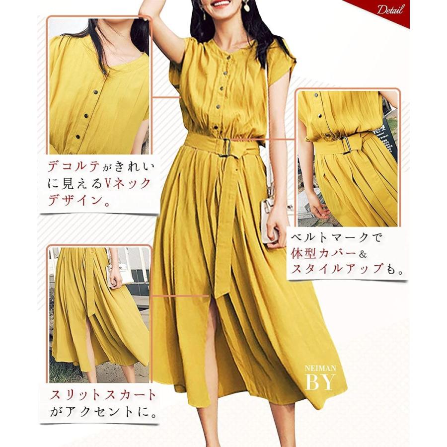 1867円 New ニーマンバイ 夏 ワンピース Vネック ベルト 付き センター スリット ハイウエスト Aライン 薄手 ロング丈 綺麗なドレス プリーツ
