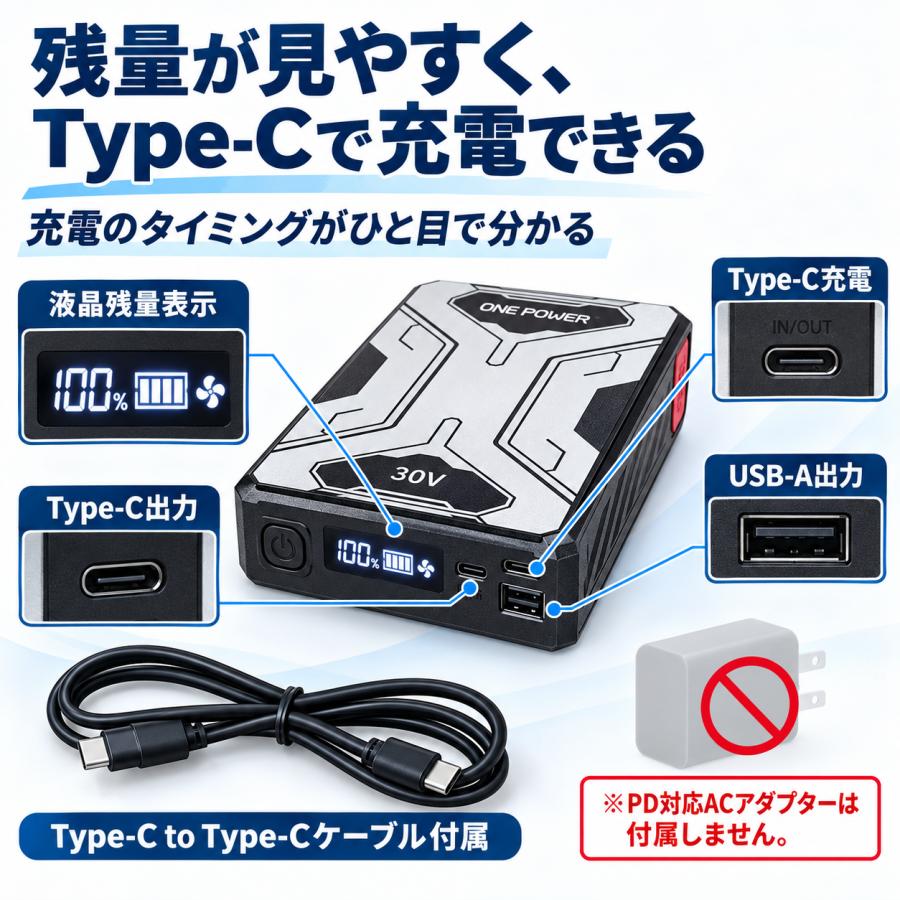 【新品】ファンバッテリーセット 30V 大容量 空調作業服 ファンバッテリーセット 30V 20000mAh 9cm径対応 5段階風量