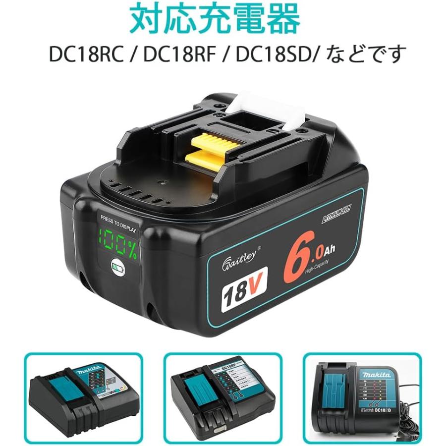 Waitley ウィトレ マキタ 18V バッテリー マキタバッテリー 18V 互換 BL1860B 6.0Ah DC18RF DC18V 充電器 リチウムイオン互換電池 デジタル残量指示付き｜jyohinya-store｜12