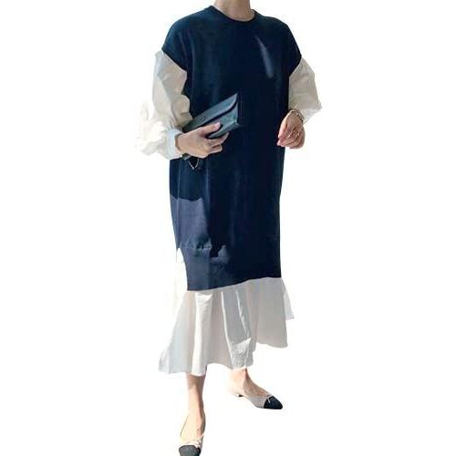 Newne ゴルフ ニューネ ワンピ 重ね着 風 ワンピース バルーン袖 ドッキング ワンピ とろみ ベスト ニット ブラウス