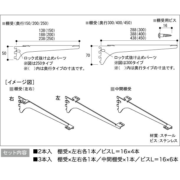 棚受 木質棚板用 アームハング棚柱SS対応 2本入 SSシルバー 奥行