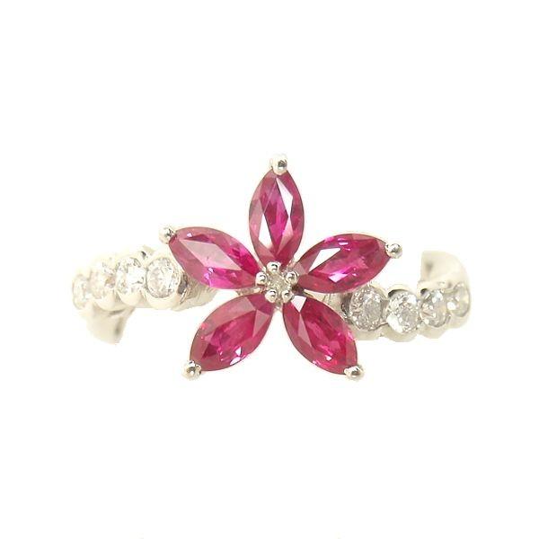 ルビーリング PＴ900プラチナ トータル0.750カラット ＰＴ お花指輪 シンプル マーキスカット フラワーリング 7月誕生石