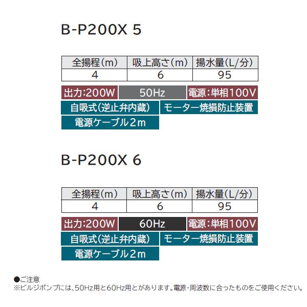 【B-P200X 5】 日立 ビルジポンプ ※50Hz 池の水の循環・入れ替え向け 200W 単相100V 吸上高さ6m：揚水量95L/分（全揚程4mの時)｜jyusetsu-komatsuya｜03