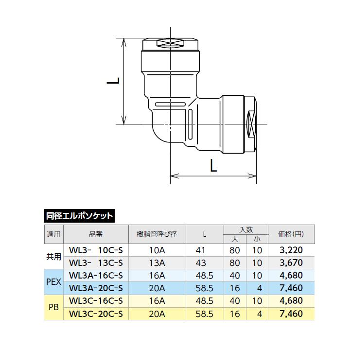 オンダ製作所　ダブルロックジョイント　WL3型　同径エルボソケット　L43　大ロット(80台)　呼び径13A　ONDA