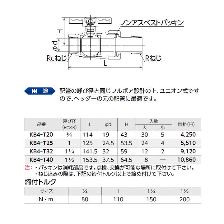 【KB4-T32】オンダ製作所 各種配管システム 暖房用部材 ヘッダー用部材 KB4型(フルボア)ユニオン式 Tハンドル 呼び径1.25 L141.5 小ロット(2台) ONDA_1