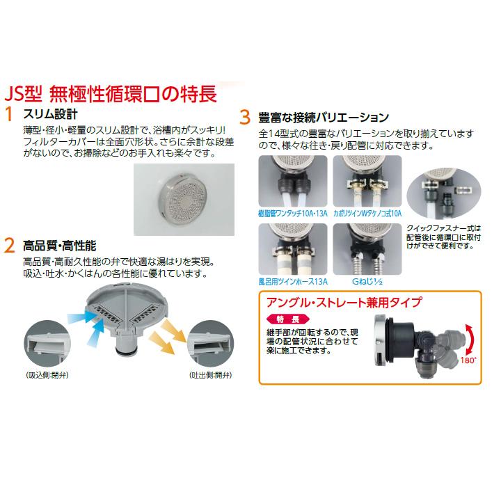 オンダ製作所　循環口　無極性循環口樹脂管用　大ロット(10台)　ストレートセット　無極性循環口　JS1型　呼び径13A　継手セット　ONDA