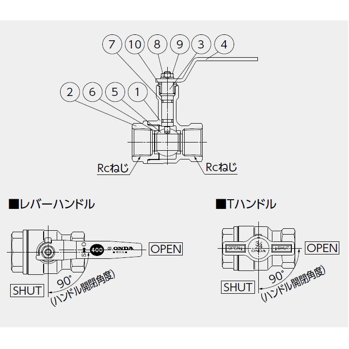 オンダ製作所　ボールバルブ・バルブ　B3型　ONDA　Rcねじ×Rcねじ　H77　レバーハンドル　大ロット(60台)　400psi　スタンダードボア